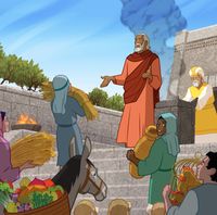 "Illustration of Malachi watching the people give honest tithing.      Malachi 3:10-12"