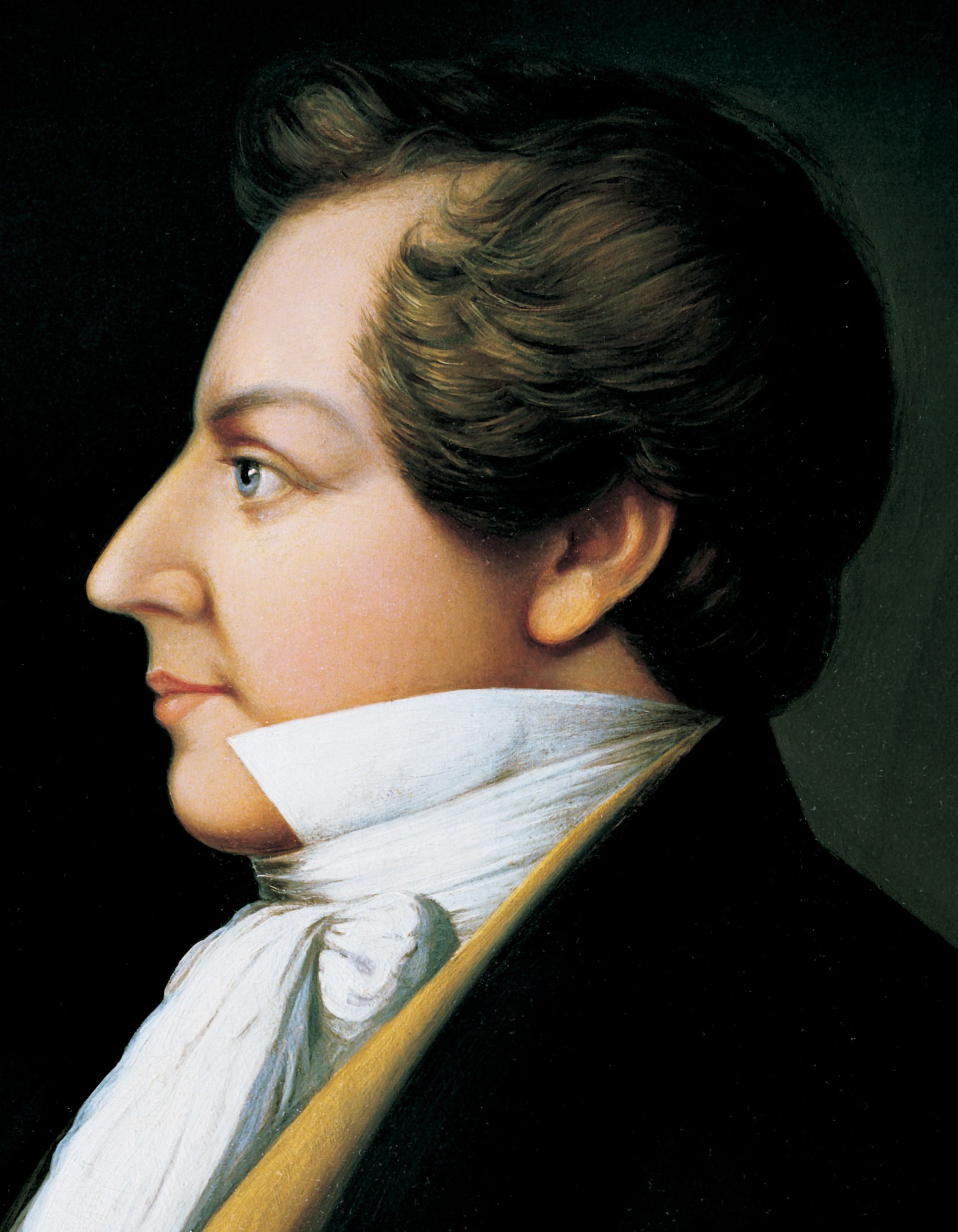A portrait of Joseph Smith Jr., who was the first President of The Church of Jesus Christ of Latter-day Saints from 1830 to 1844; painted by Danquart Anthon Weggeland.