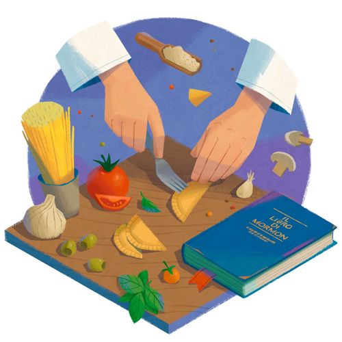 Hände bereiten Essen zu, das Buch Mormon liegt daneben