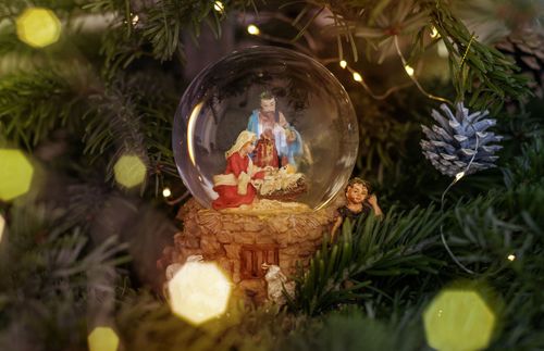 a snow globe containing a manger scene is surrounded by branches and lights