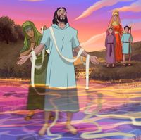 "Illustration of Naaman in the Jordan River, healed.      2 Kings 5:14-15"