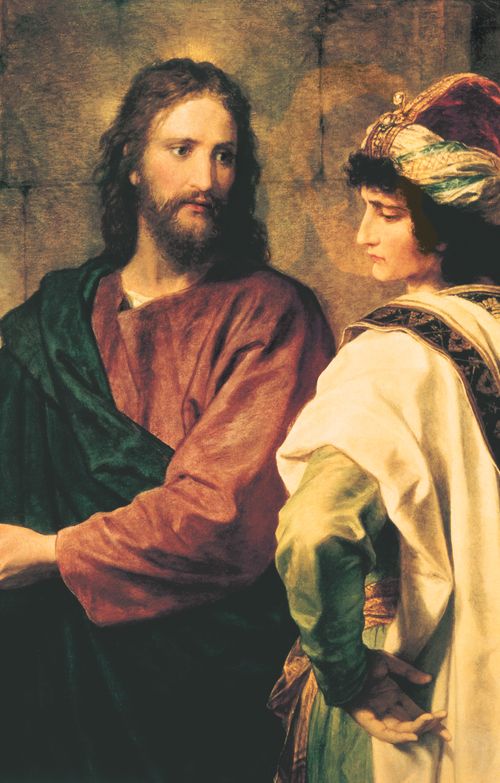Jesus Christ depicted in red and black robes. Christ is talking to a rich young man. Christ has His arms extended as He gestures toward a poorly dressed man and woman. The painting depicts the event wherein Christ was approached by a young man who inquired of Christ what he should do to gain eternal life. Christ instructed him to obey the commandments and to give his wealth to the poor and follow Him. The young man was unable to part with his wealth and went away sorrowfully. (Matthew 19:16-26) (Mark 10:17-27) (Luke 18:18-27)