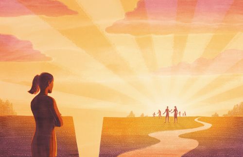 woman looking across a gulf at a group of people