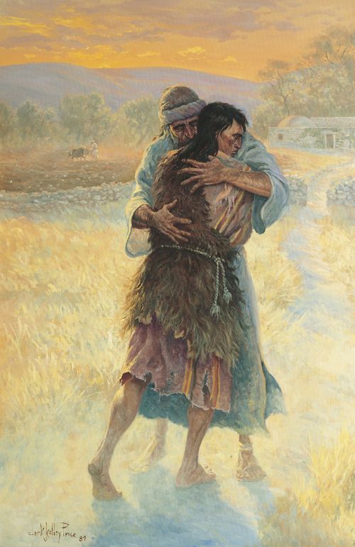 A painting by Clark Kelley Price showing a father embracing his son, who is wearing rags, on the road outside of the family’s home.