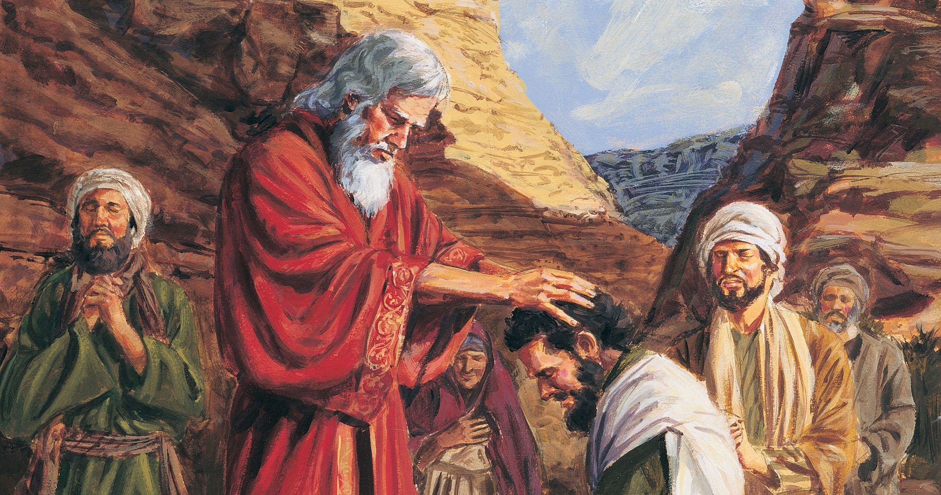 The prophet Moses laying his hands on Joshua's head to ordain him to lead the Israelites. A few other people stand by with their eyes closed prayerfully.