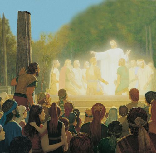 A painting depicting Christ blessing the twelve Nephite disciples, who kneel around Him.