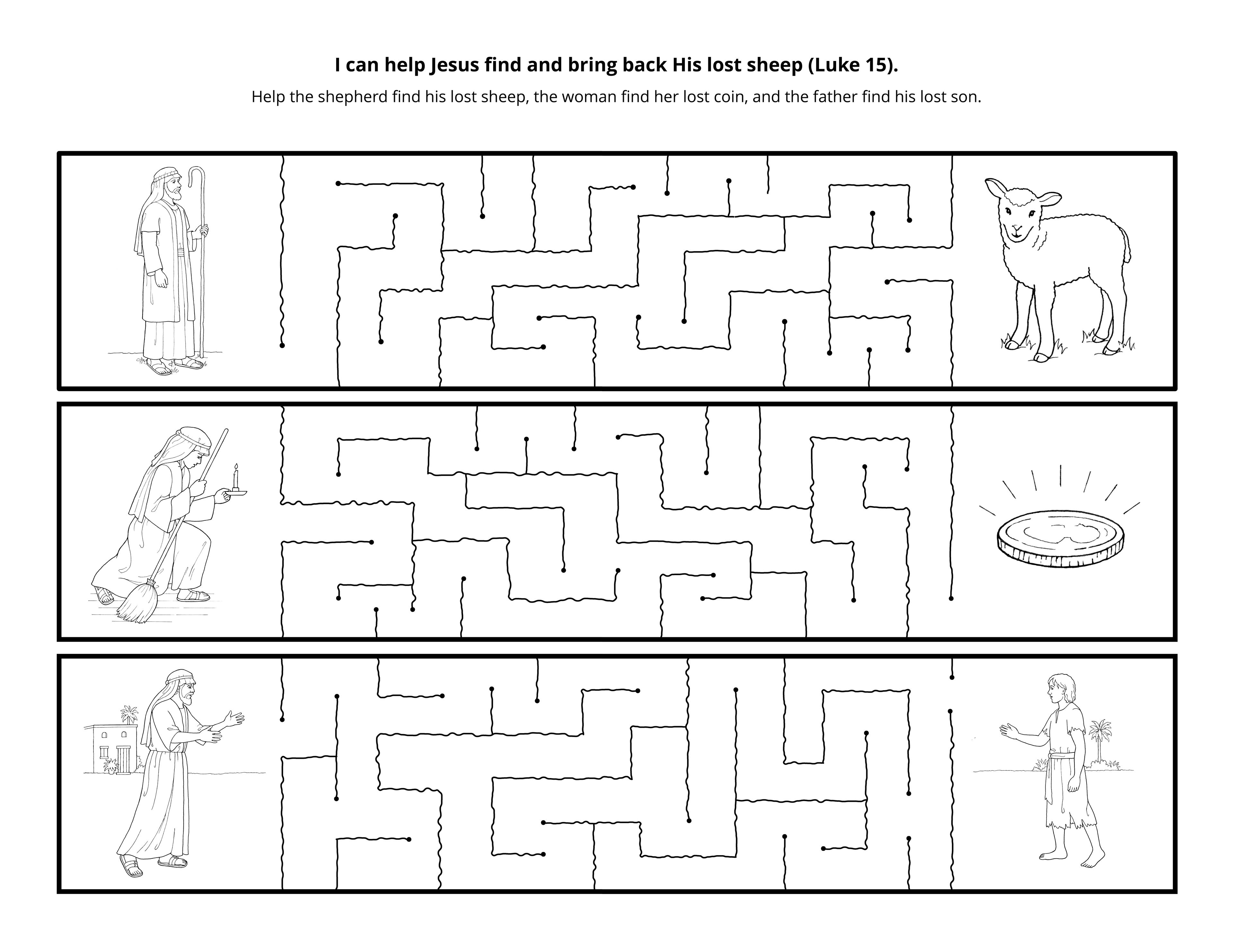 A maze depicting parables from Christ, including the lost sheep, the lost coin, and the prodigal son.