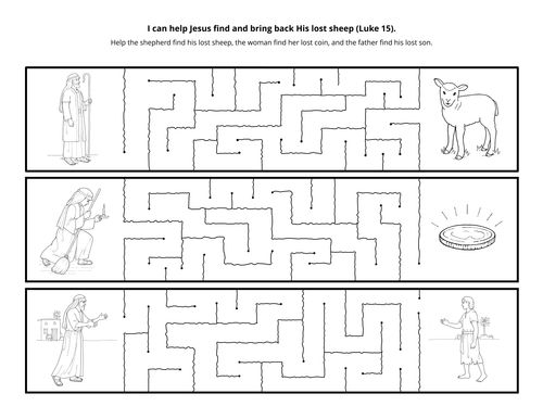 A maze with artwork depicting the lost sheep, the lost coin, and the prodigal son.