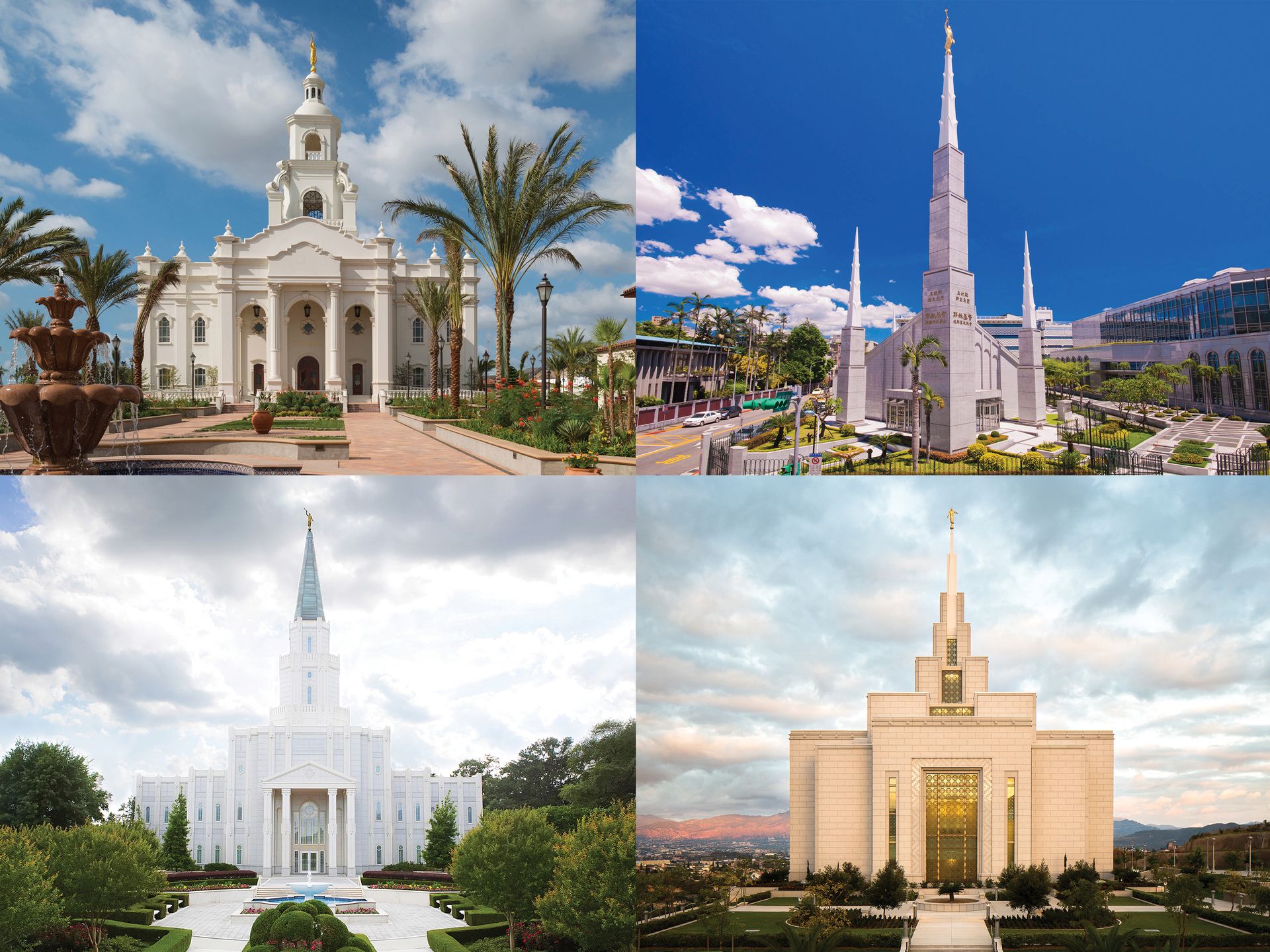 A collage of four temples: the Taipei Taiwan, Houston Texas, Tijuana Mexico, and Tegucigalpa Honduras Temples.