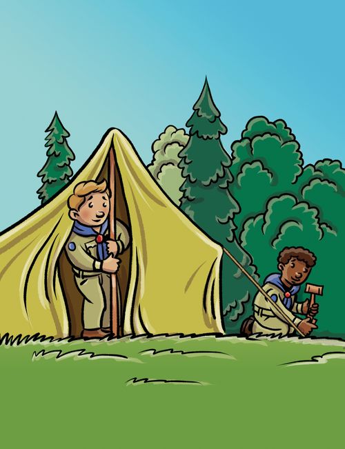 An illustration of two boys in their Scouting uniforms setting up a tent together on a grass lawn, with trees in the background.