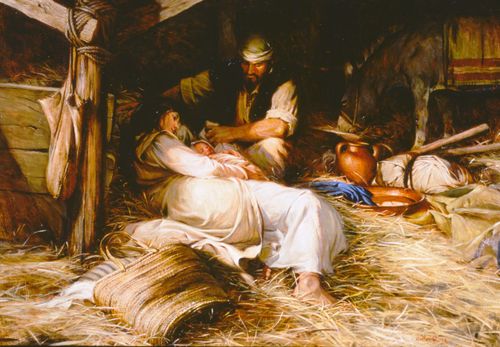 A painting of Mary lying down, holding Jesus just after His birth, with Joseph sitting close by.