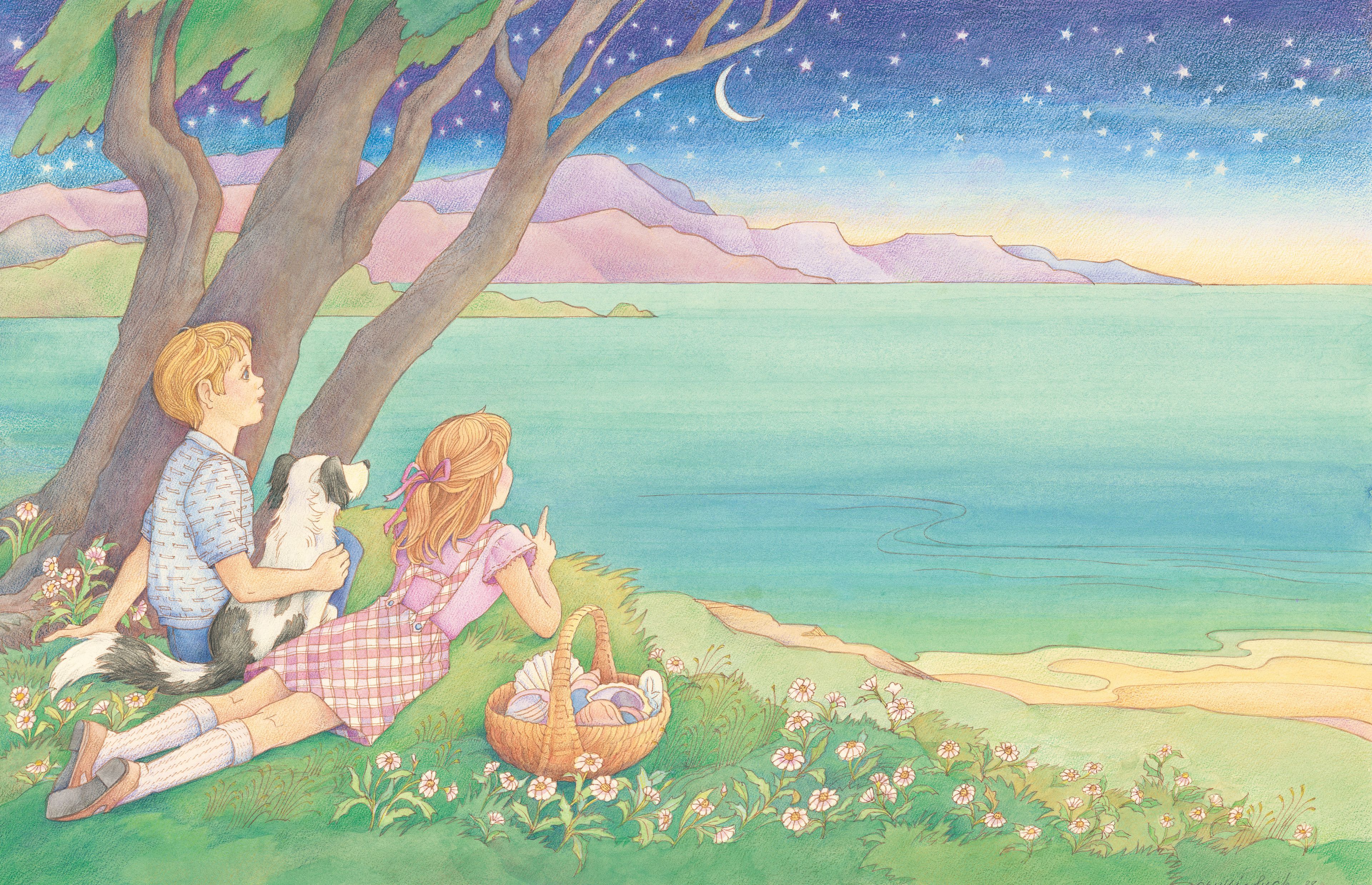 Two children and a dog sit near the sea and gaze up at the night sky. From the section “Nature and Seasons” in the Children’s Songbook, pages 226–227; watercolor illustration by Phyllis Luch.