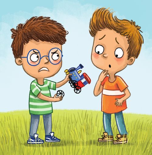Ein wütender Junge hält ein kaputtes Spielzeug in der Hand und schaut einen anderen Jungen an