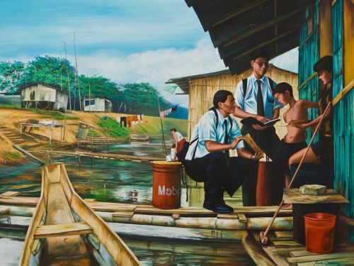 Painting shows and exterior scene with several small houses along a river.  The homes are dilapidated and up on stilts.  The main focus of the painting is on two missionaries in short sleeves white shirts and ties.  One figures is seated the other is standing on the porch of one of the homes.  In the doorway of the turquoise colored home is a woman and just outside the doorway is a shirtless young boy.  The seated missionary is holding a pamphlet and the standing missionary is hold and open set of scriptures.  Located just behind the seated missionary is a red oil can with white letters that reads, "Mobil", beyond that is a small waterway with a boat.  A woman with small children can be seen in the distance along with laundry hung out to dry.
