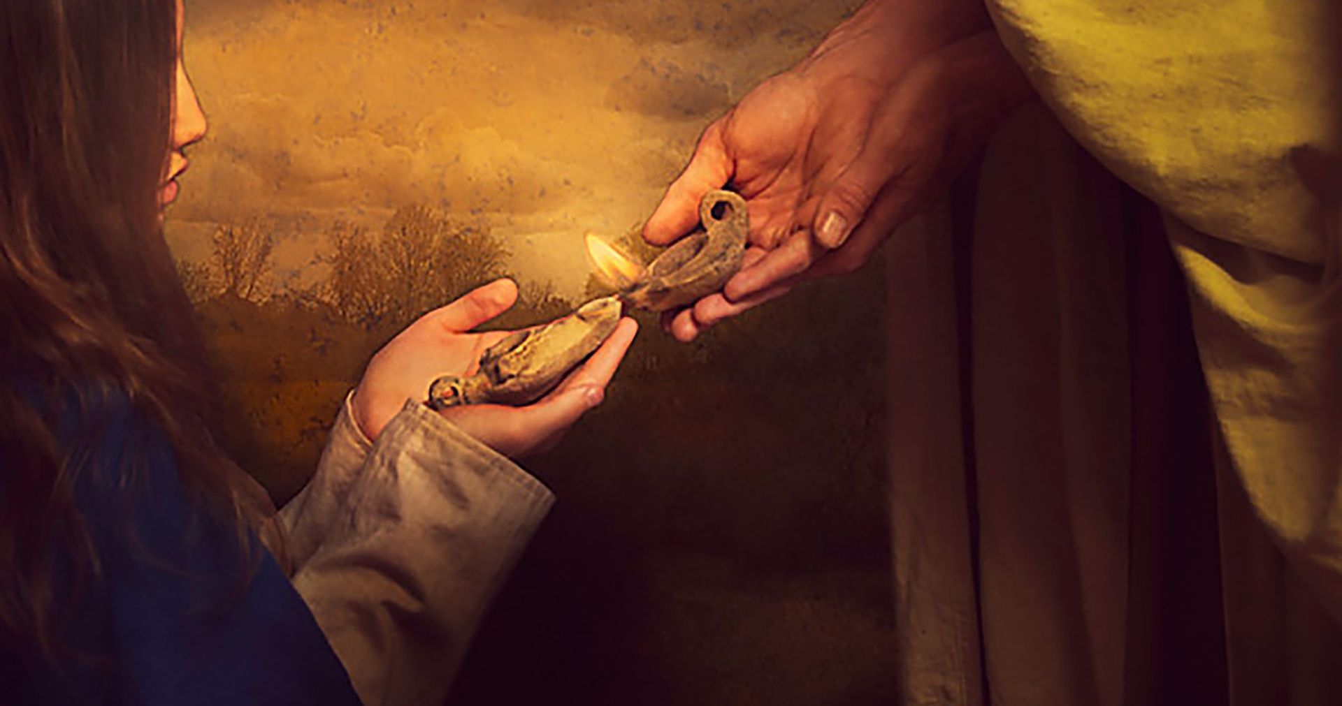 Photographic illustration of the hands of Jesus Christ holding an oil lamp to light another lamp held by a woman kneeling before him.