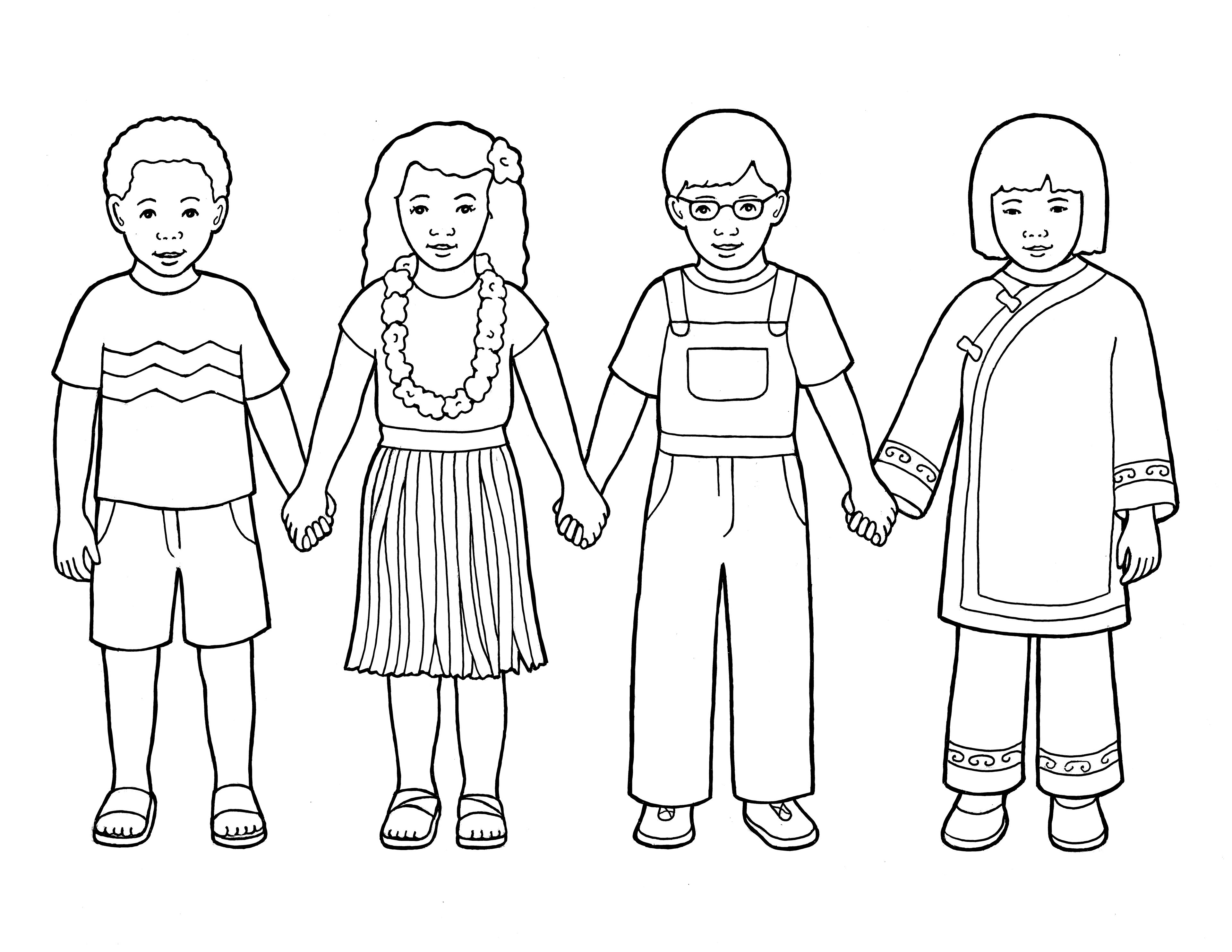 A line drawing showing four children from around the world holding hands.