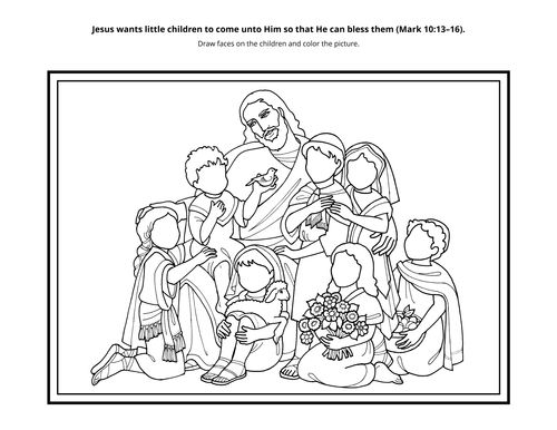 A line drawing of Jesus Christ with children gathered around Him.