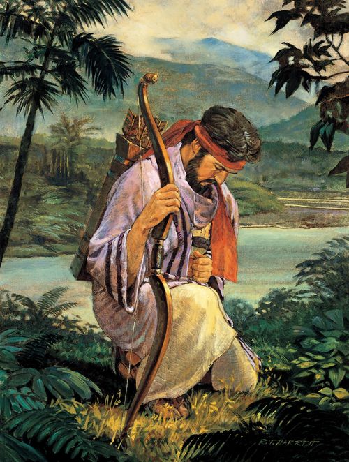 A painting by Robert T. Barrett of Enos kneeling in prayer by a river, with a bow in his hand and arrows on his back.