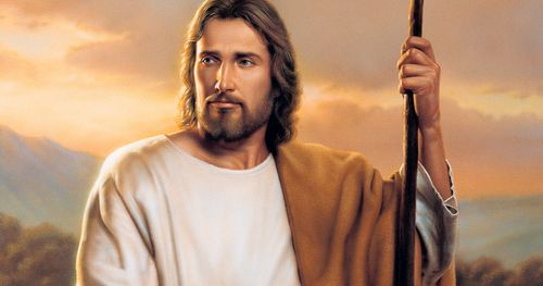 Նկար. Հիսուսը նստած է գետի մոտ: Քրիստոսն Իր ձեռքում պահում է հովվի մահակը: Գետի ափերին ծառեր են աճում։