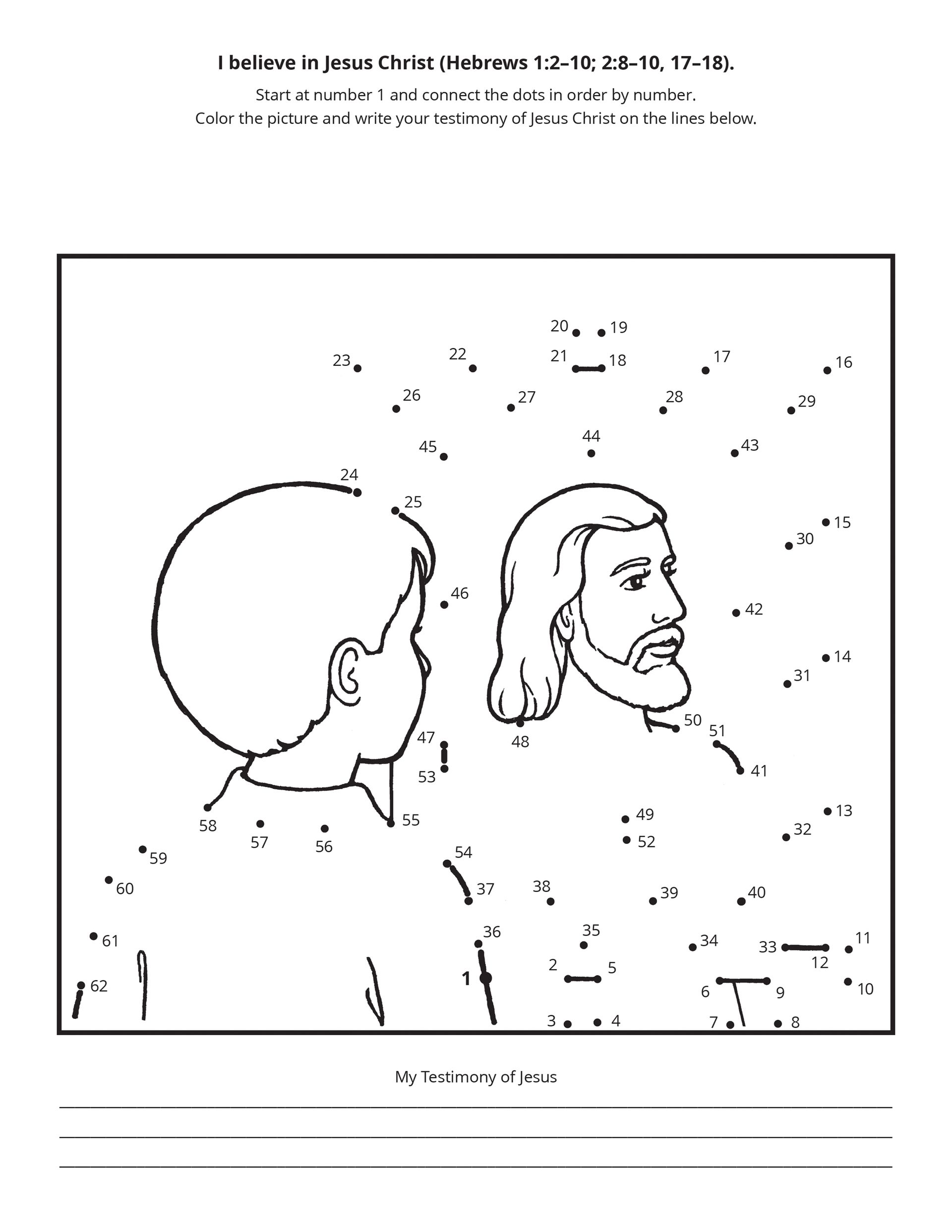 A connect-the-dots activity with a boy looking at Christ.