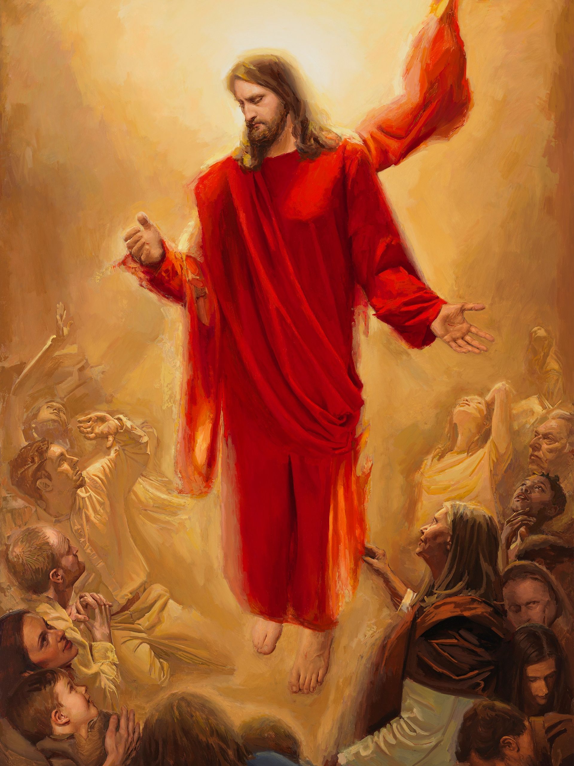 Painting of Christ descending in a red robe among a group of people from multiple eras and cultures.