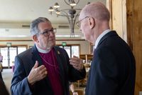 President Eyring welcomes The Rt. Rev Brian J. Thom, bishop of the Idaho Episcopal Diocese, to a luncheon in Idaho on Tuesday, March 3, 2020.
