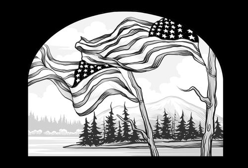 bandiere americane con lago di montagna sullo sfondo
