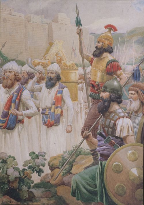 Israelite priests and soldiers standing outside the city Jericho