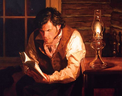 Parley P. Pratt reads Book of Mormon by light of oil lamp.