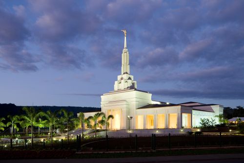 The Apia Samoa Temple lit up in the late evening, with a row of palm trees leading up to the front door.