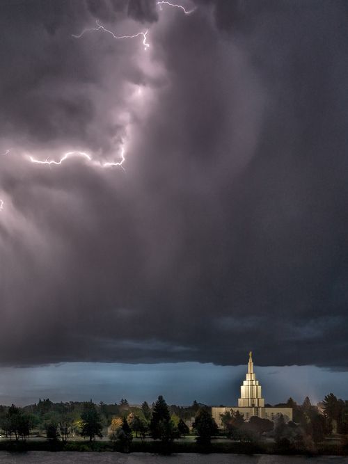 Idaho Falls Idaho Temple in a lightening storm.