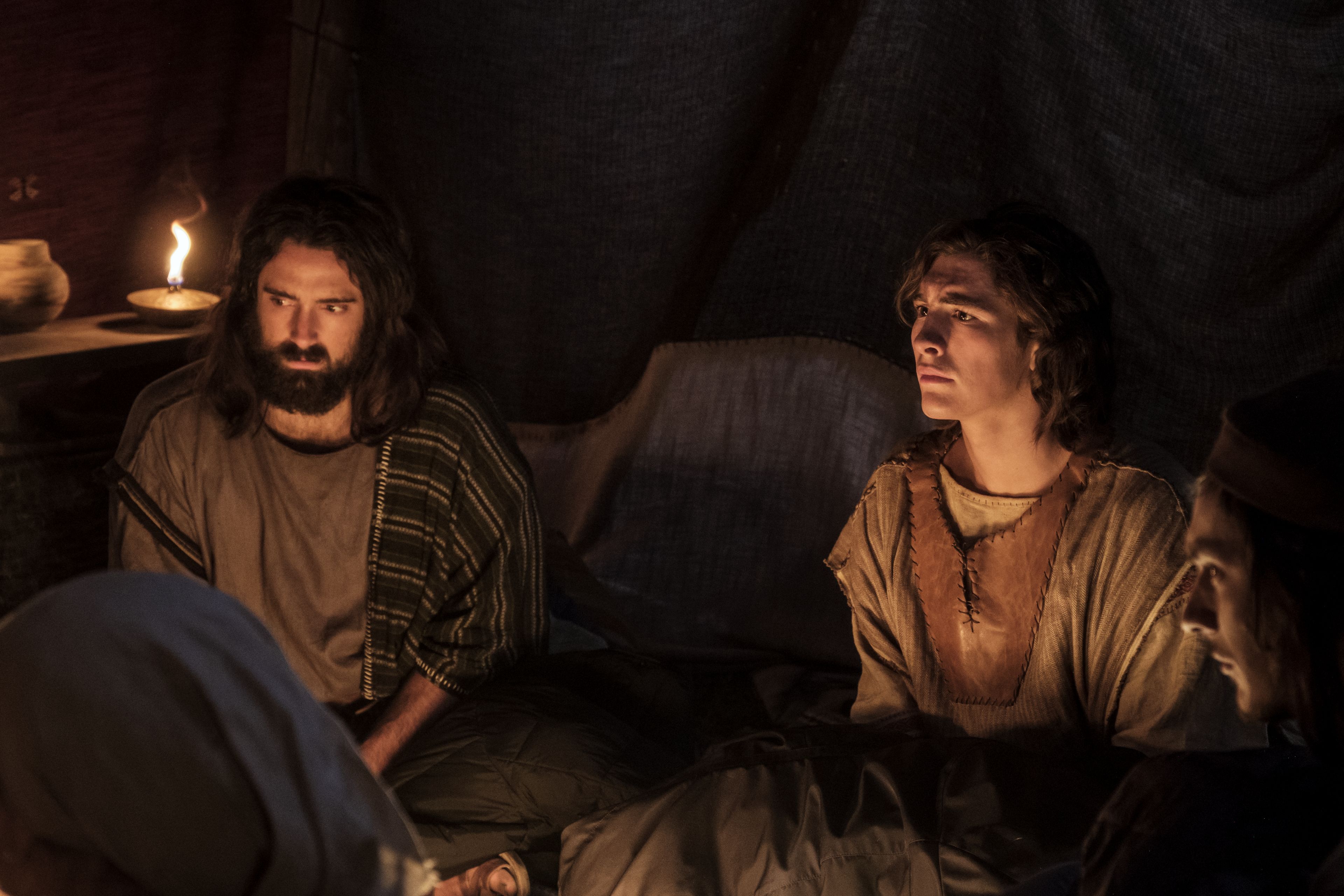 Nephi and Lemuel listen as Lehi tells his family about his vision of the tree of life.