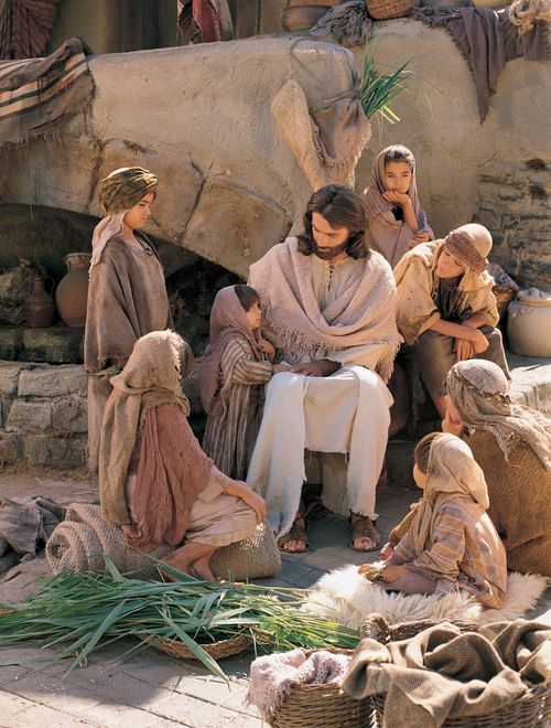 Gravura de Cristo sentado com um grupo de crianças.