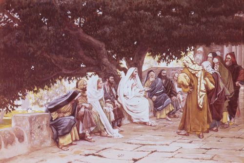 Christ sitting on a stone fence with other men. A group of pharisees and sadducees stand before him trying to tempt him.