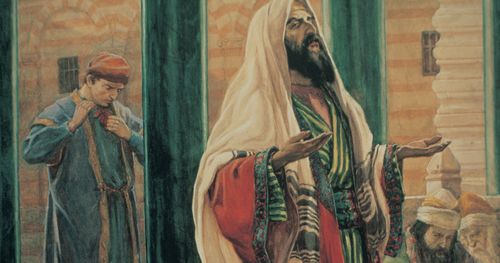 A proud Pharisee praying where all can see him while a humble publican (with his head bowed) prays in the background. The painting illustrates the parable of the Pharisee and the Publican as taught by Jesus Christ.