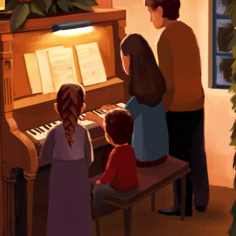 A family gather around the piano playing Christmas carols