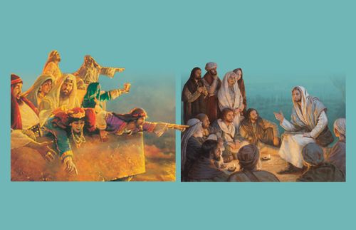 links: Spötter, die mit dem Finger auf andere zeigen; rechts: Jünger, die Jesus zuhören