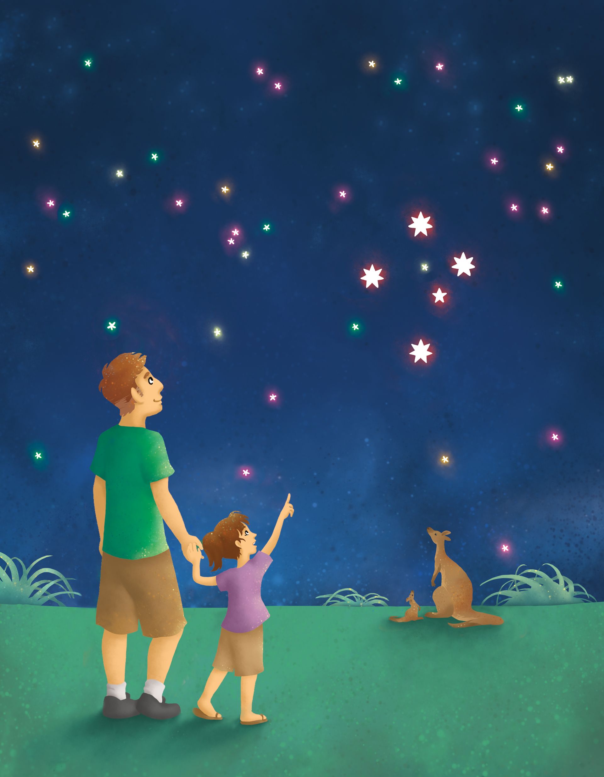 A father and daughter in Australia go outside at night and look at the stars.