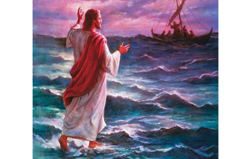 Jesus Christ walking on the sea of Galilee toward a small fishing boat