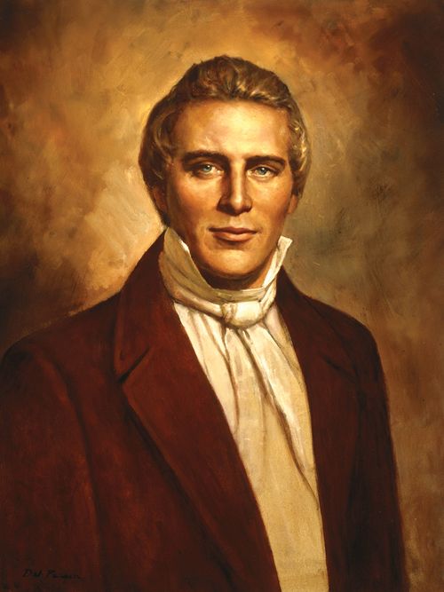 A portrait by Del Parson of President Joseph Smith Jr. in a white shirt and brown suit against a brown background.