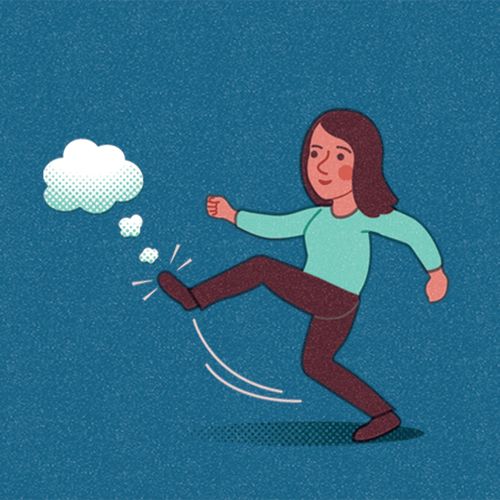 young woman kicking a thought bubble