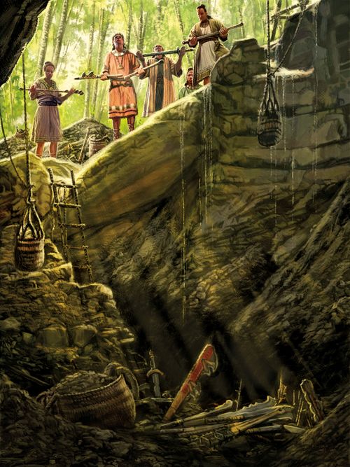 An oil painting by Dan Burr depicting Anti-Nephi-Lehies standing on the edge of a cavernous hole, burying their swords as a witness of their repentance.