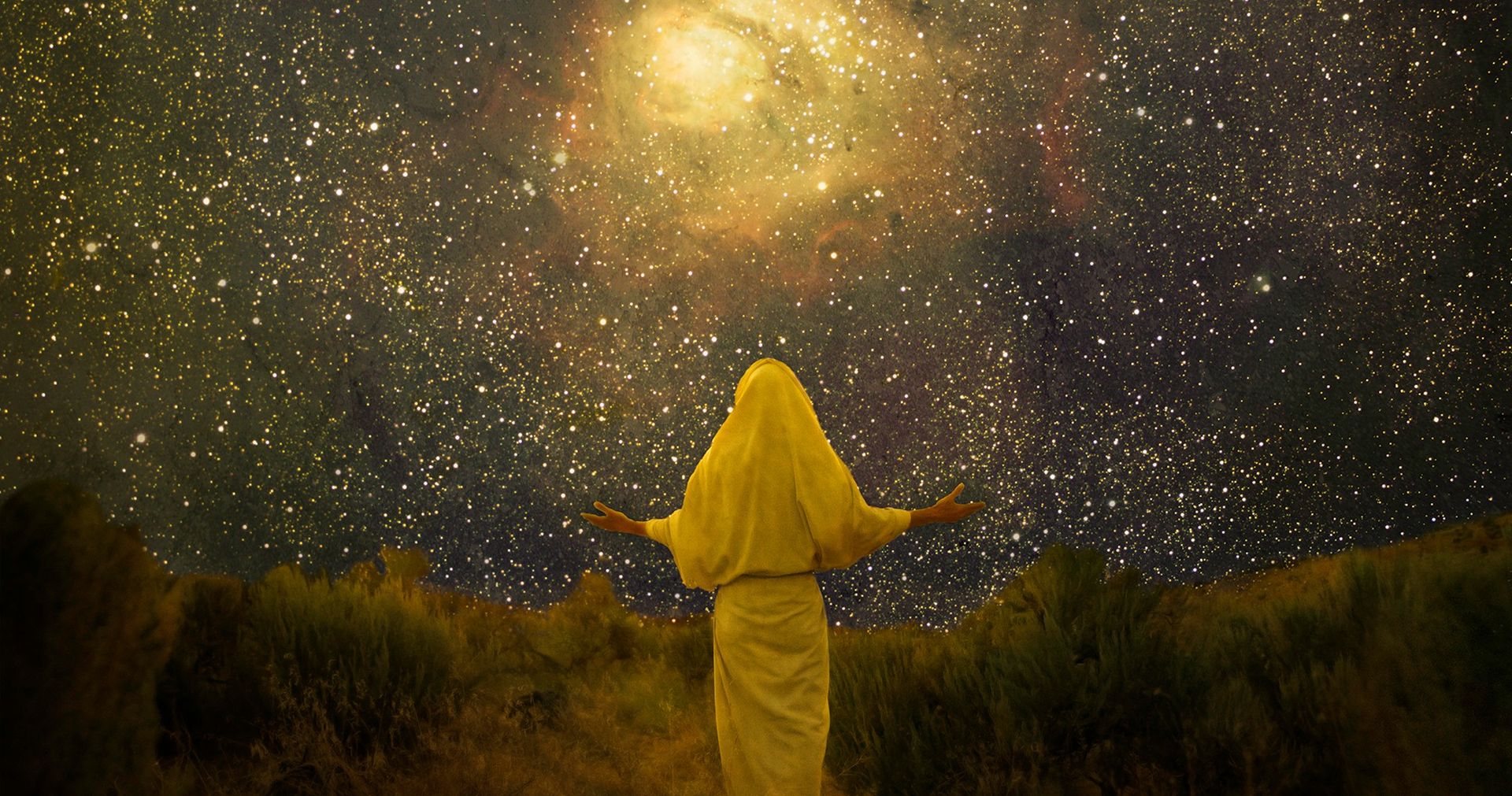 Photographic illustration of the premortal Jesus Christ (seen from the back) wearing a white robe.   He has His arms extended as he looks at a darkened expanse of space filled with stars.