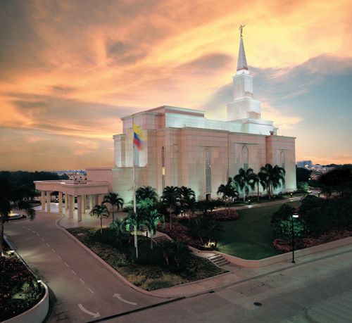 A view of the Guayaquil Ecuador Temple from across the street at sunset.