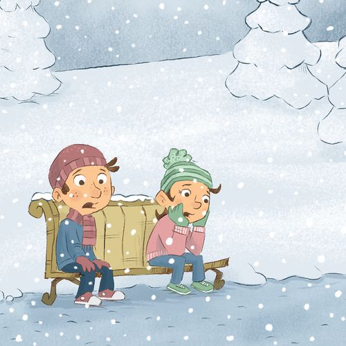 girl and boy sitting on bench outside at wintertime