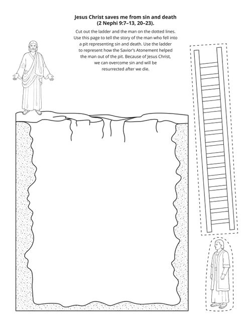 A line-art drawing of a ladder, a pit, and a man.