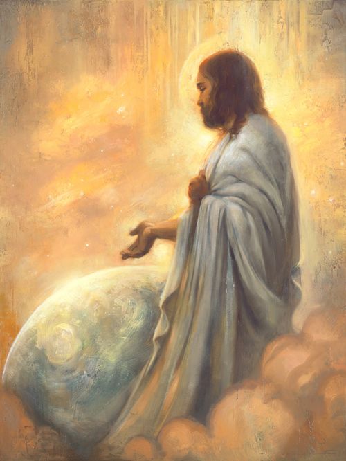 Jehovah stands in the clouds with his hand over the world that He is organizing.