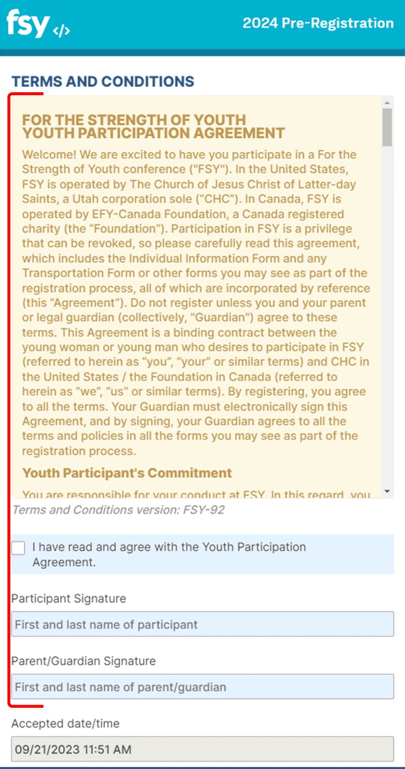 FSY terms and conditions form