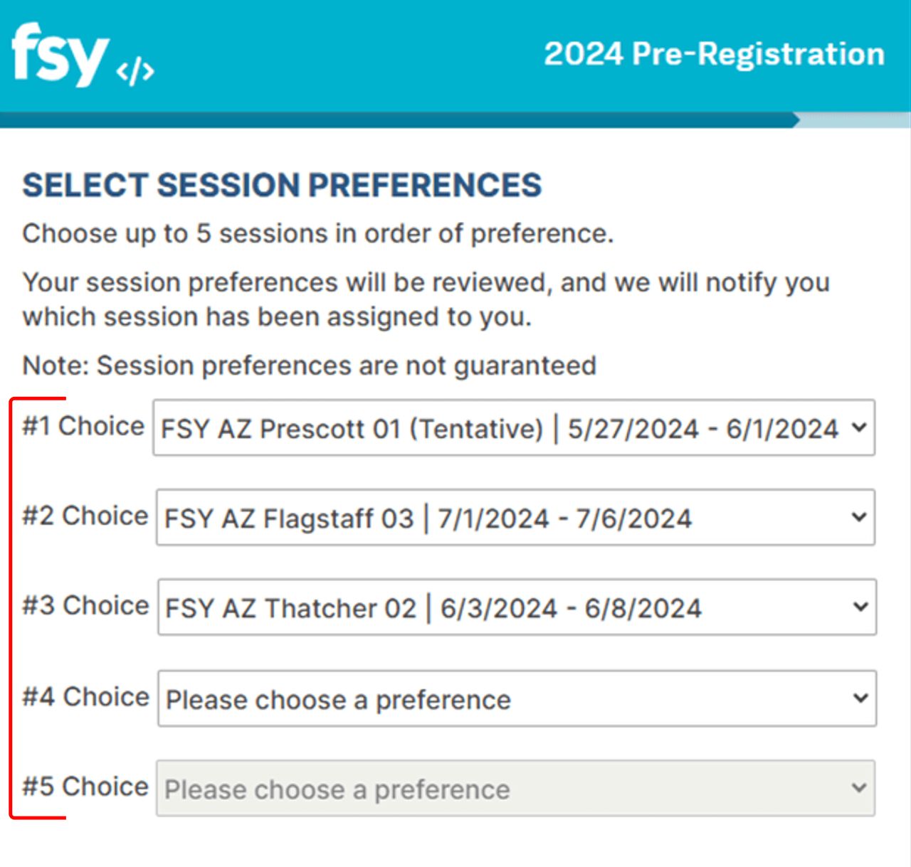 Select session preferences choices.