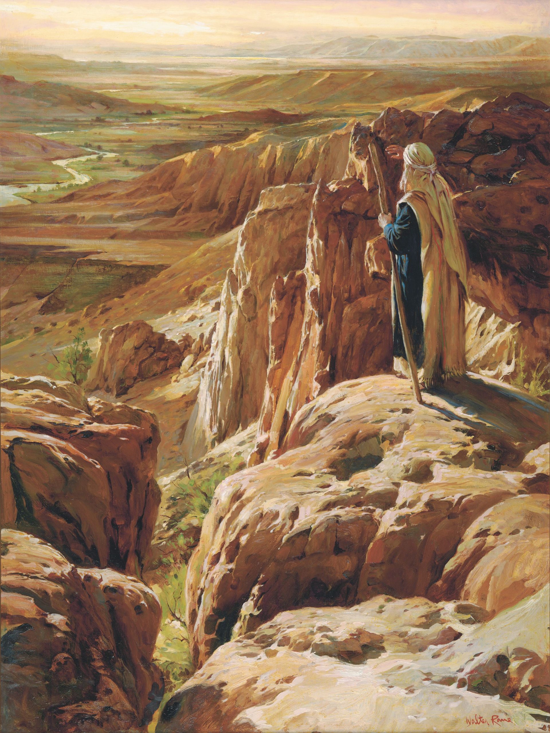 Painting of Moses overlooking the promised land from a mountaintop.